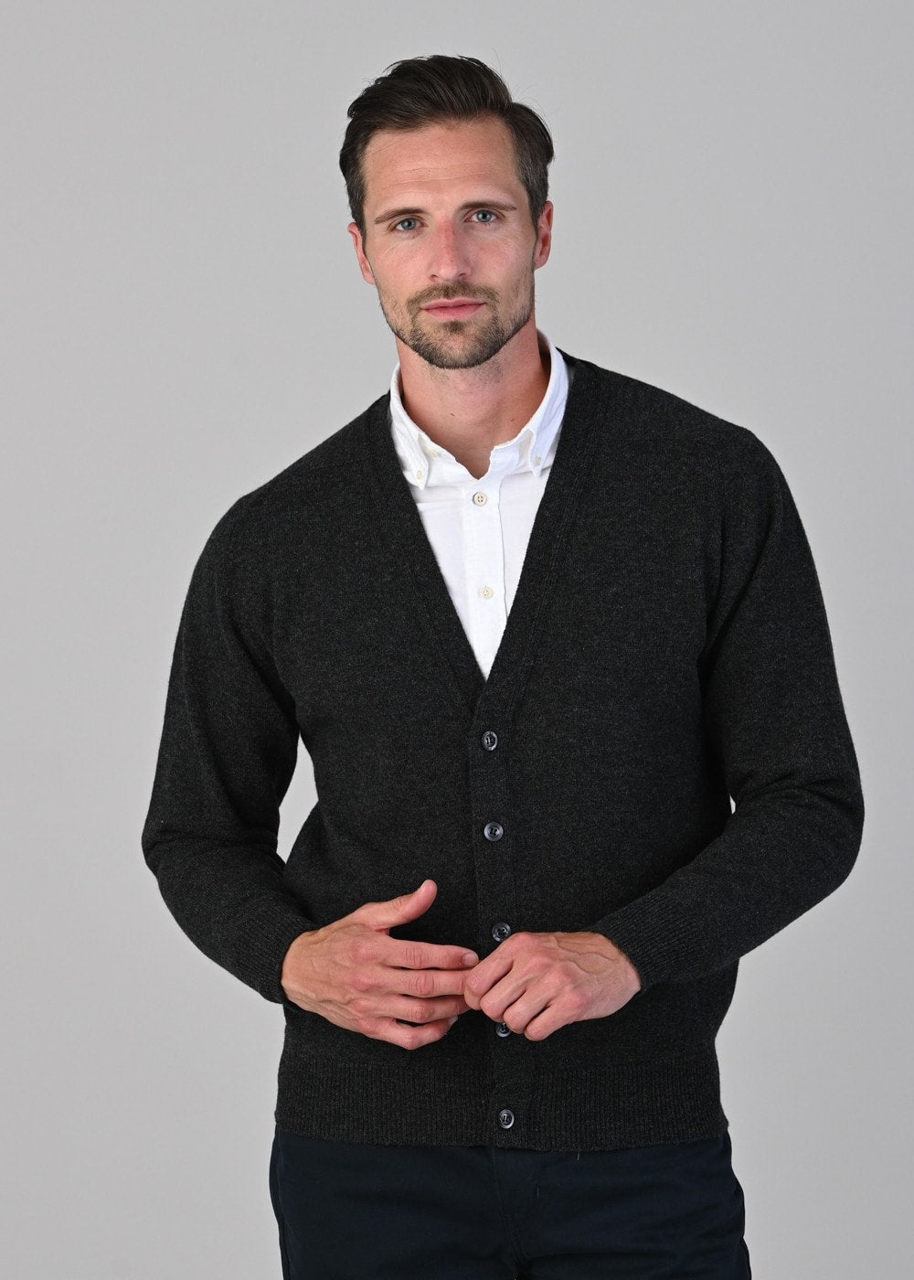 Leven 2 Ply Lambswool Cardigan - Charcoal - 1