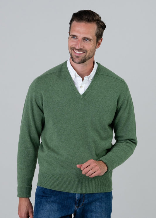 Melrose 2 Ply Cashmere V-Neck - Green Mix - 1