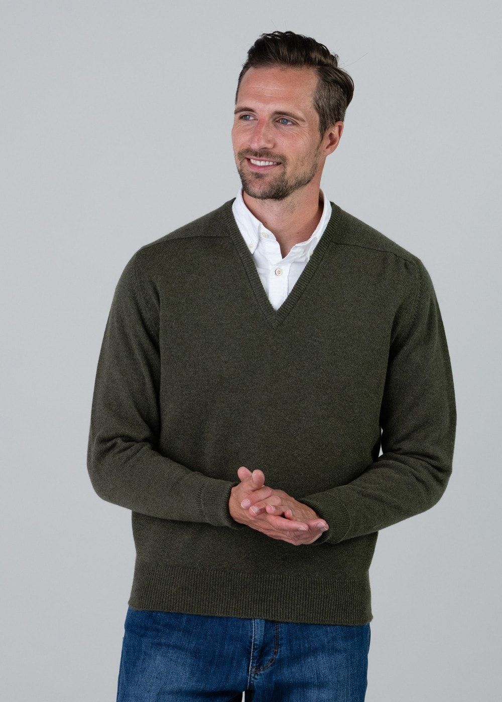 Melrose 2 Ply Cashmere V-Neck - Loden Mix - 1