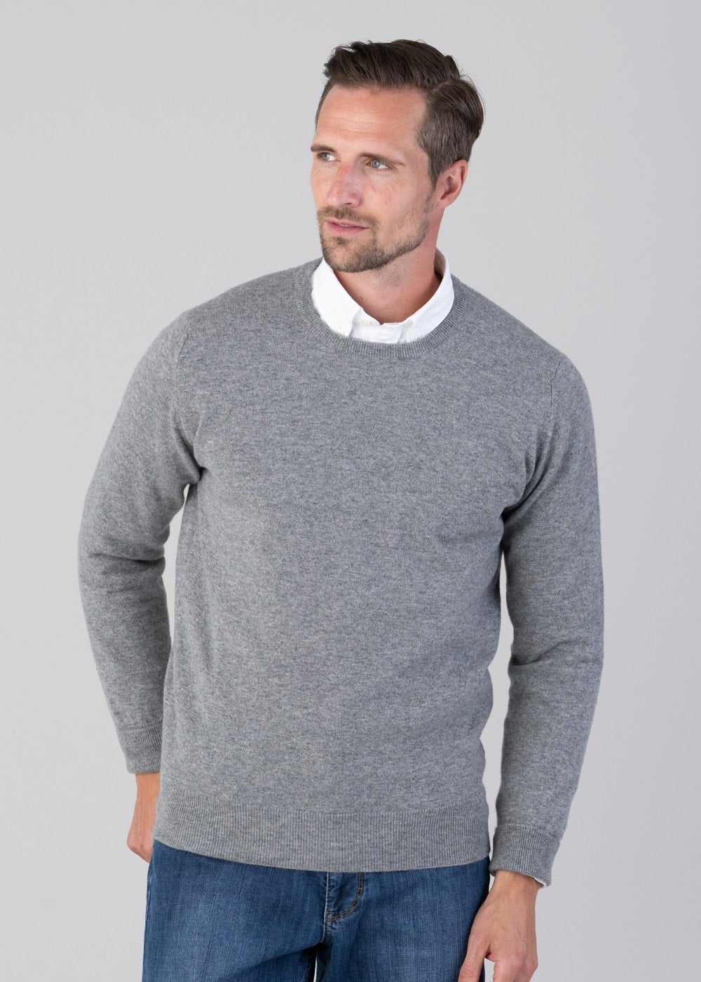 Oxton 1 Ply Cashmere Crew Neck - Flannel - 1