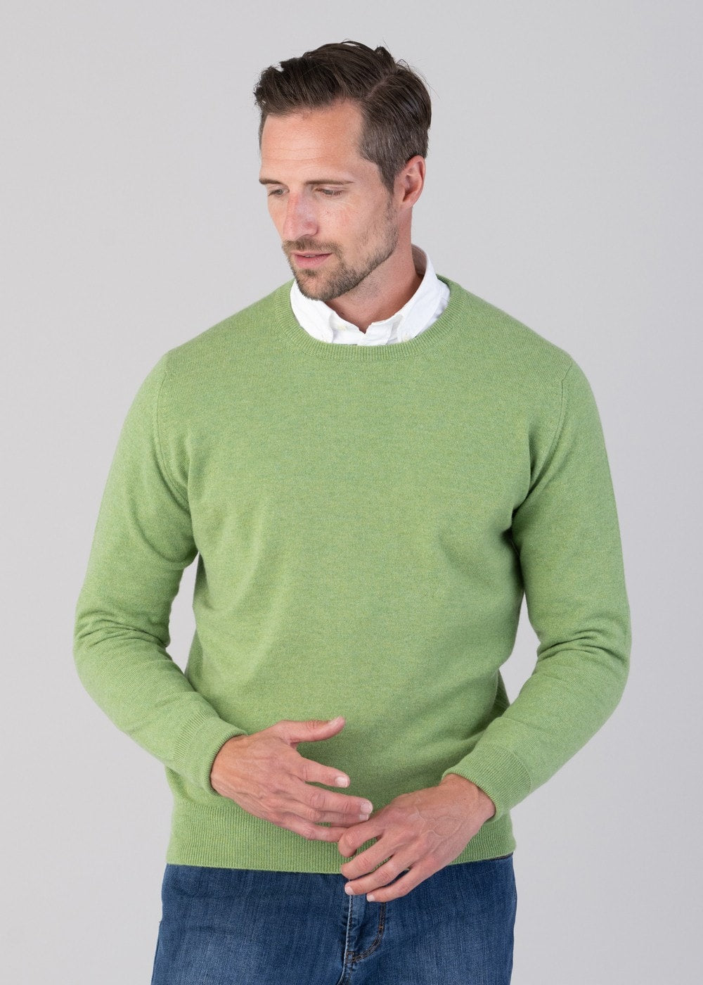 Oxton 1 Ply Cashmere Crew Neck - Foliage - 1