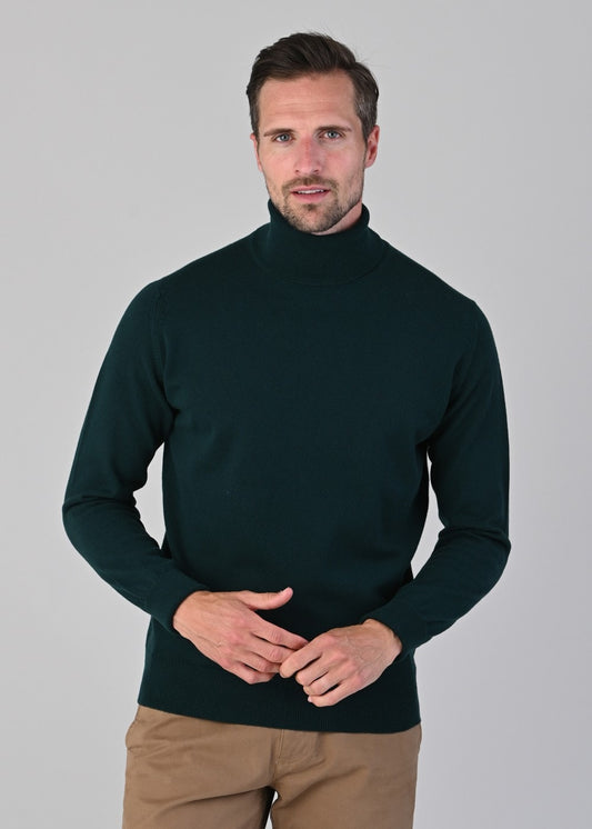 Oxton 1 Ply Cashmere Roll Neck - Bottle Green - 1