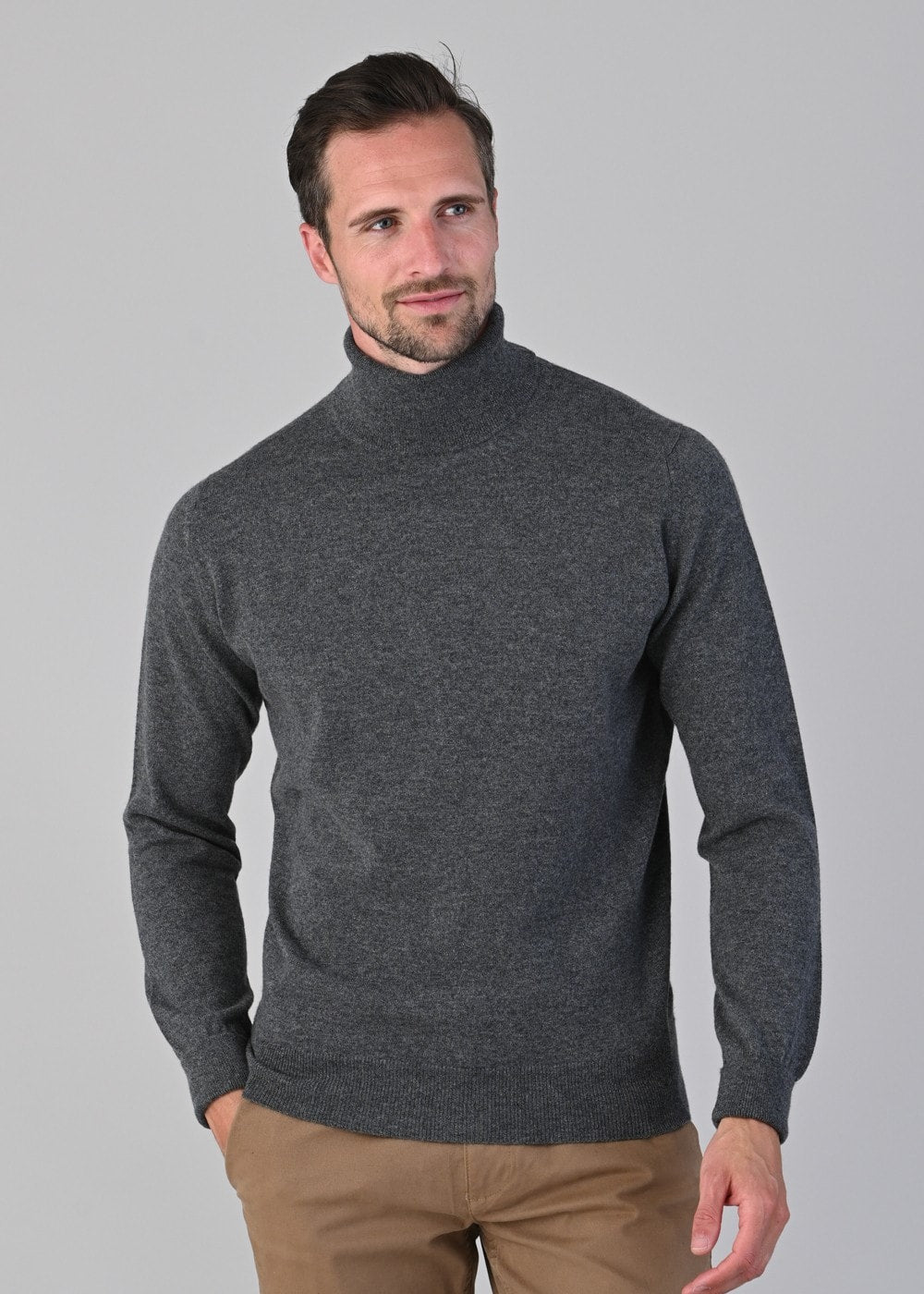 Oxton 1 Ply Cashmere Roll Neck - Derby Grey - 1