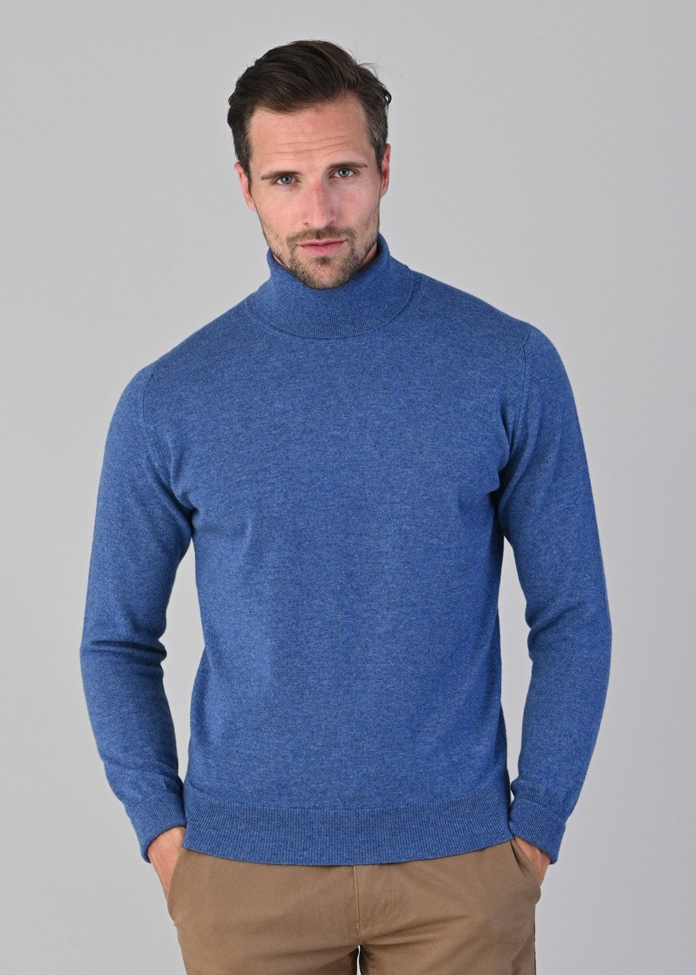 Oxton 1 Ply Cashmere Roll Neck - Lapis - 1