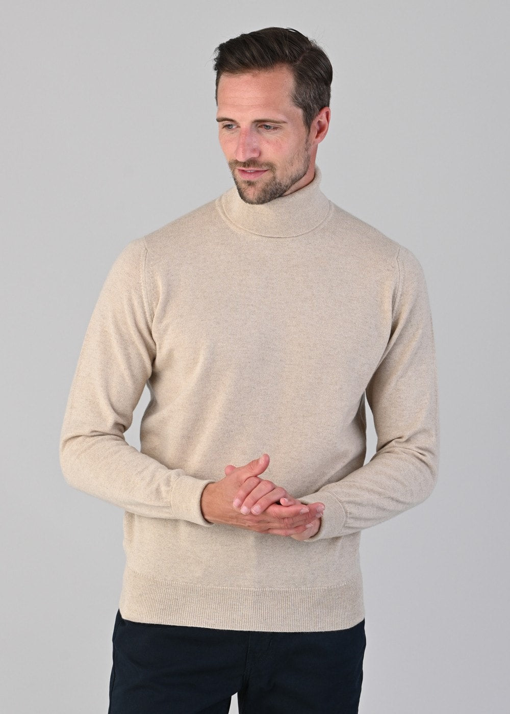 Oxton 1 Ply Cashmere Roll Neck - Linen - 1