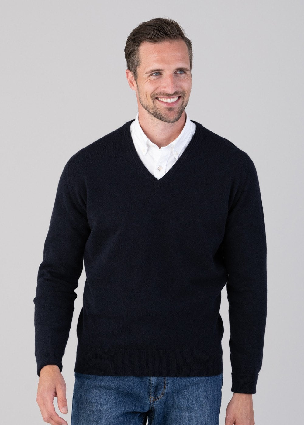 Oxton 1 Ply Cashmere V-Neck - Navy - 1