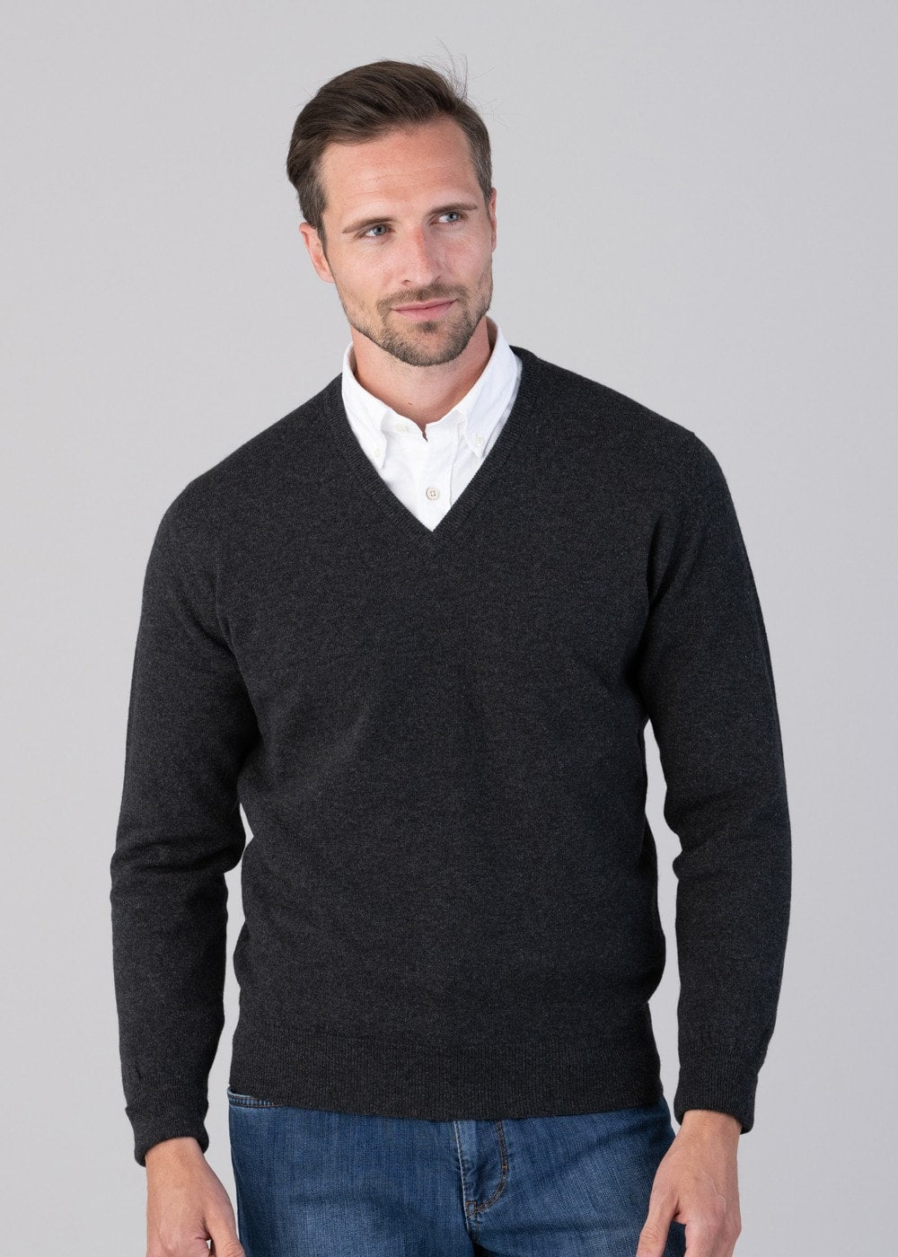 Oxton 1 Ply Cashmere V-Neck - Charcoal - 1