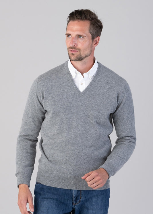 Oxton 1 Ply Cashmere V-Neck - Flannel - 1