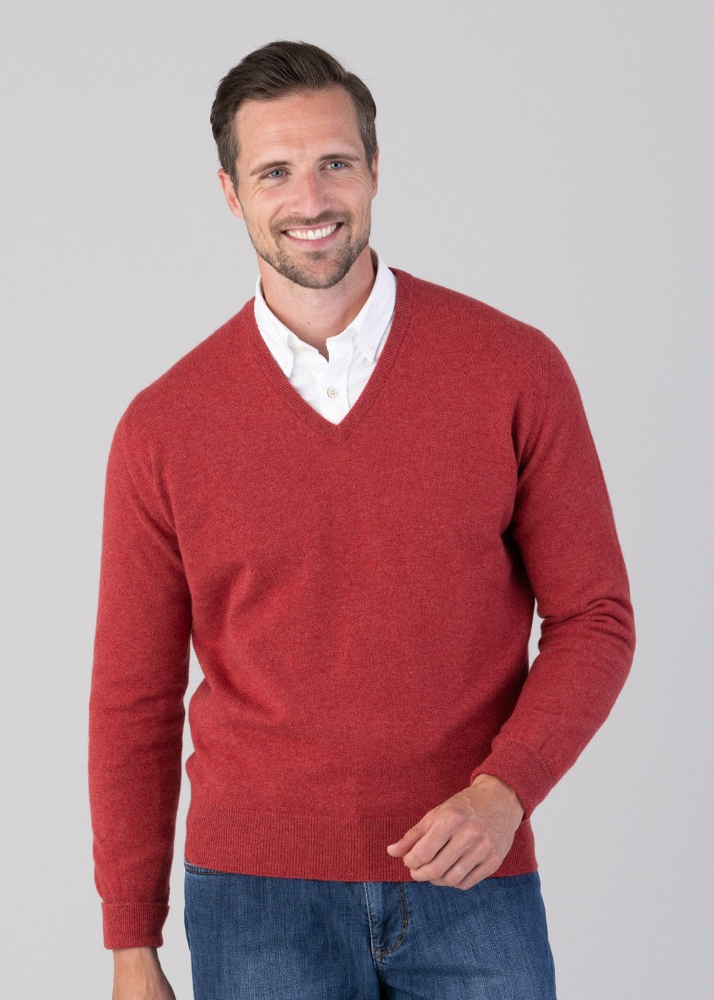 Oxton 1 Ply Cashmere V-Neck - Poppy Mel - 1