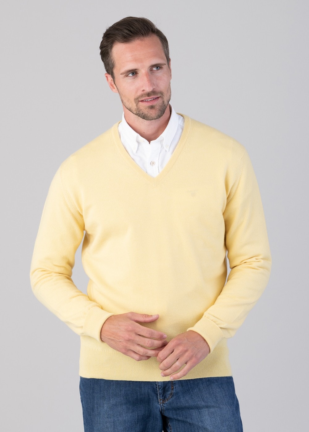 Oxton 1 Ply Cashmere V-Neck - Lemon Frost - 1