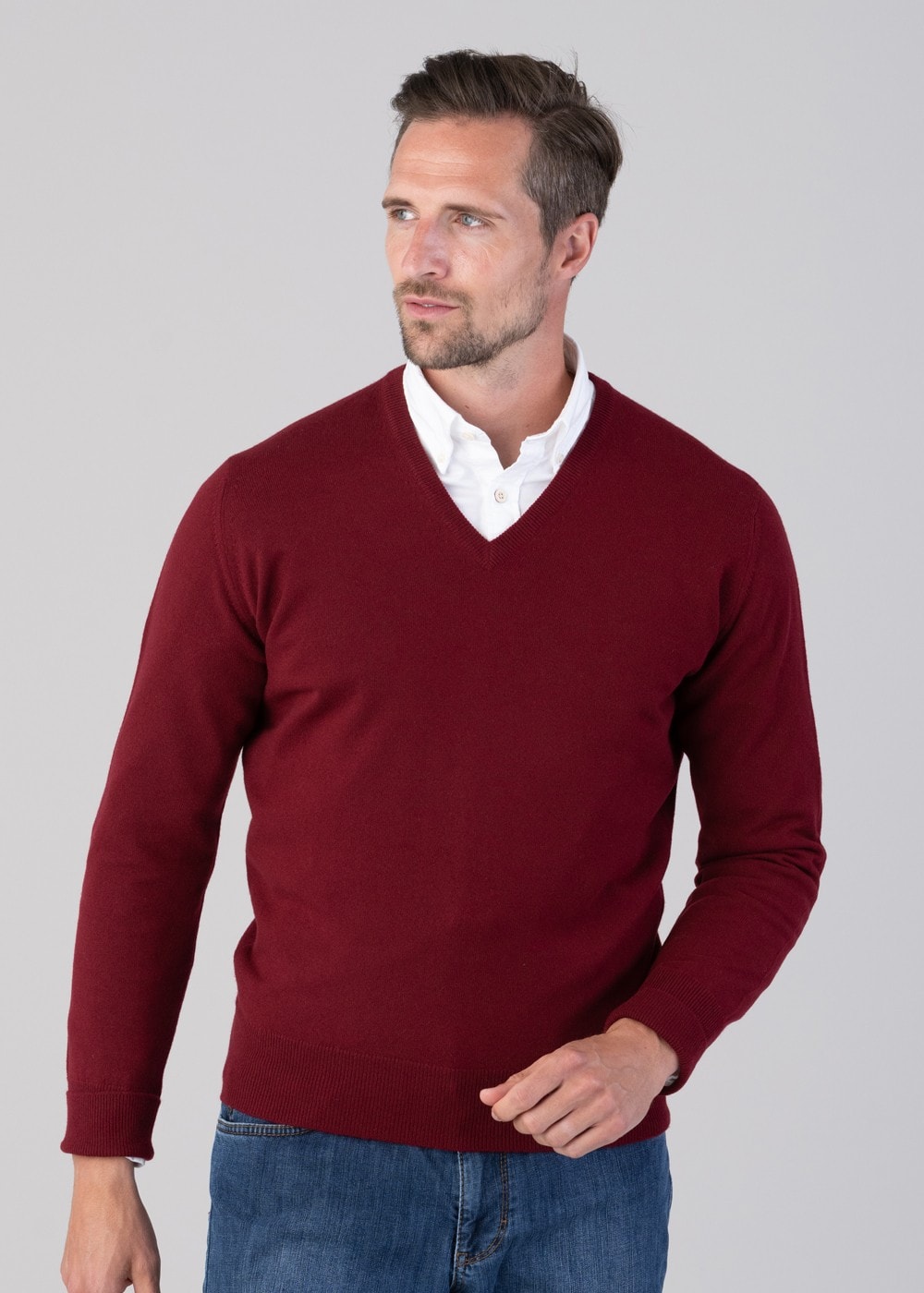 Oxton 1 Ply Cashmere V-Neck - Claret - 1