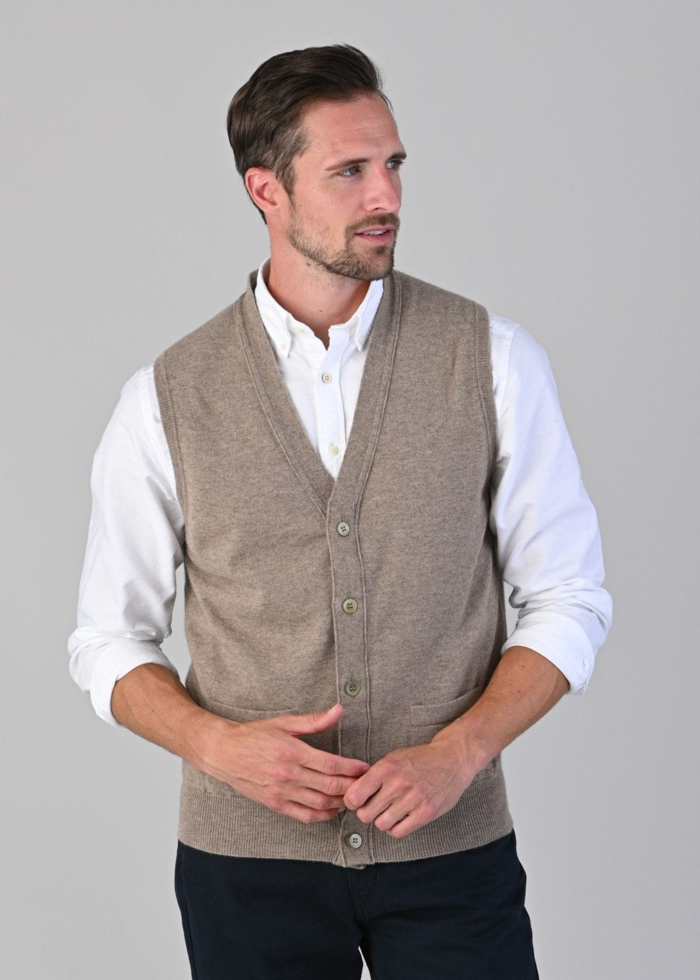 Oxton 1 Ply Cashmere Waistcoat - Dark Natural - 1