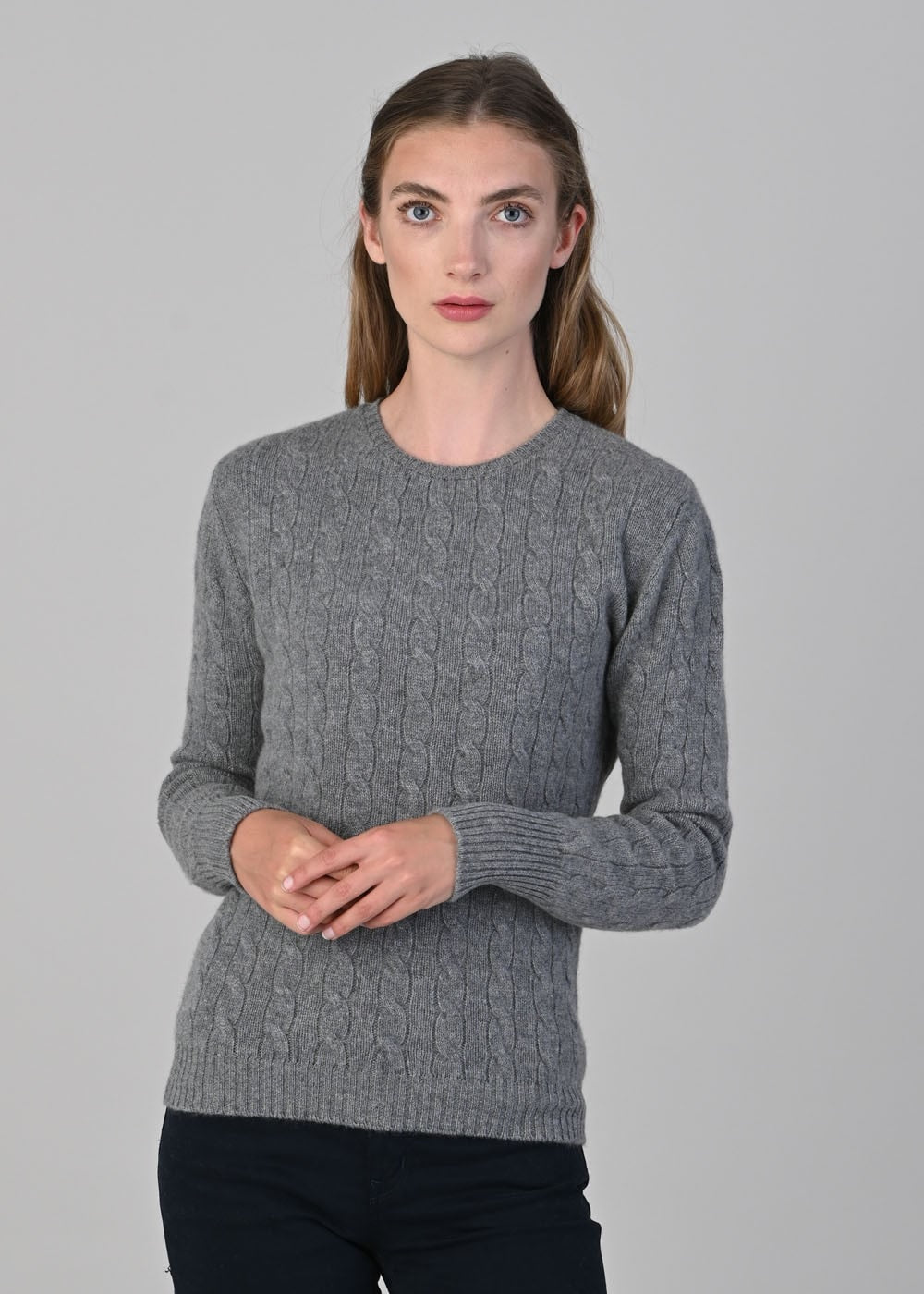 Sophia Cashmere Cable Crew Neck - Flannel - 1