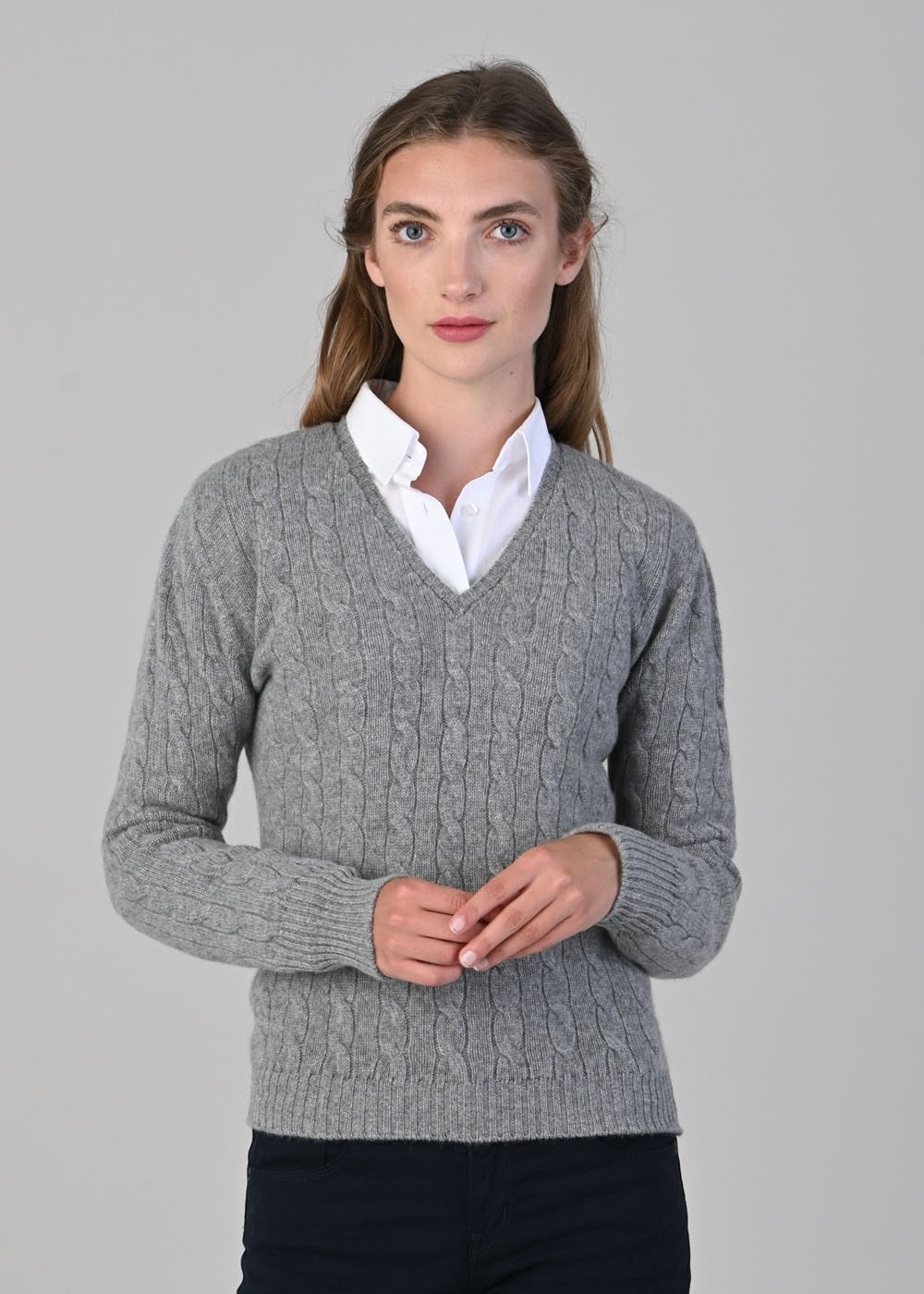 Sophia Cashmere Cable Vee Neck - Flannel - 1