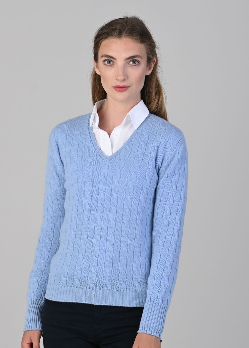 Sophia Cashmere Cable Vee Neck - Hyacinth - 1