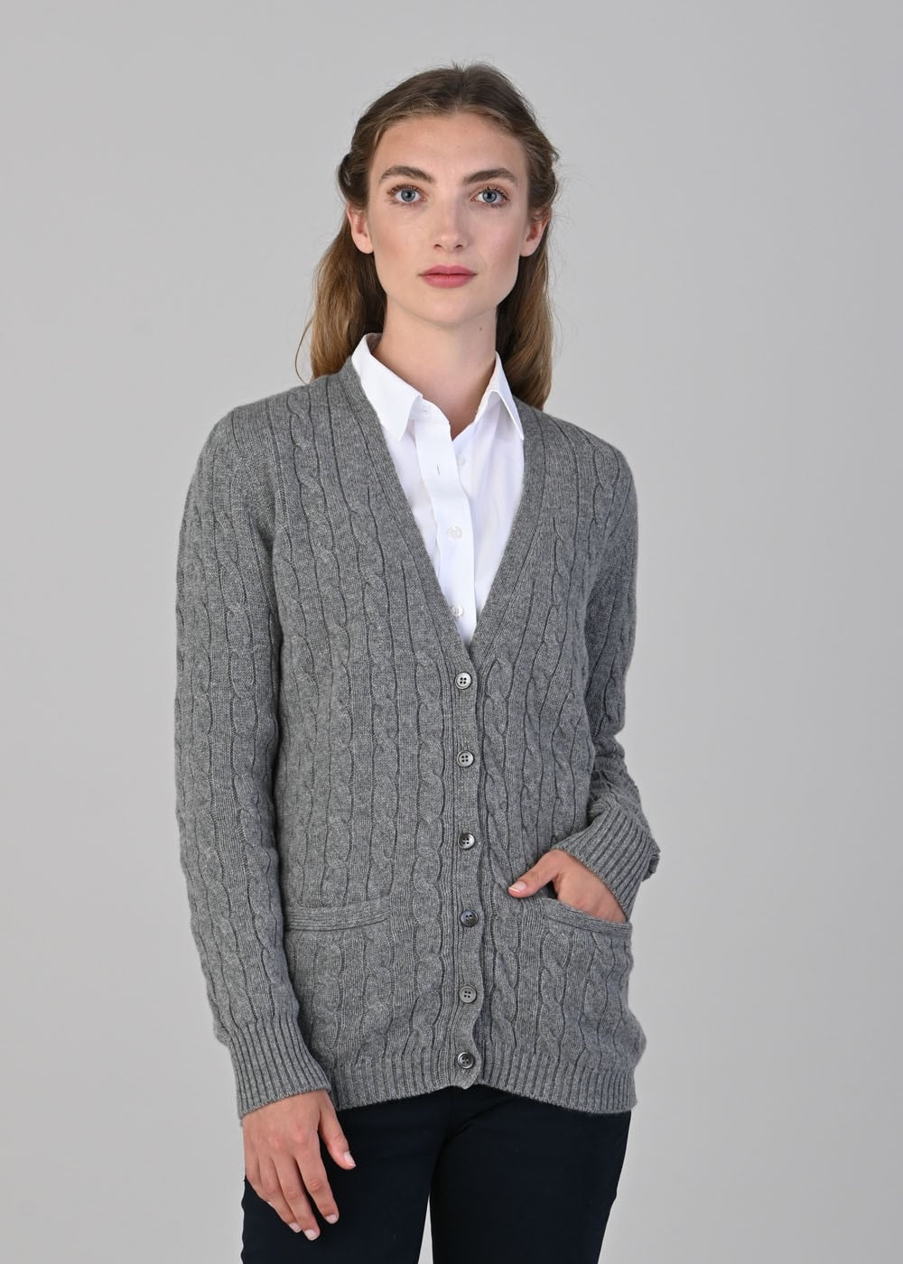 Sophia Cashmere Vee Cardigan - Flannel - 1