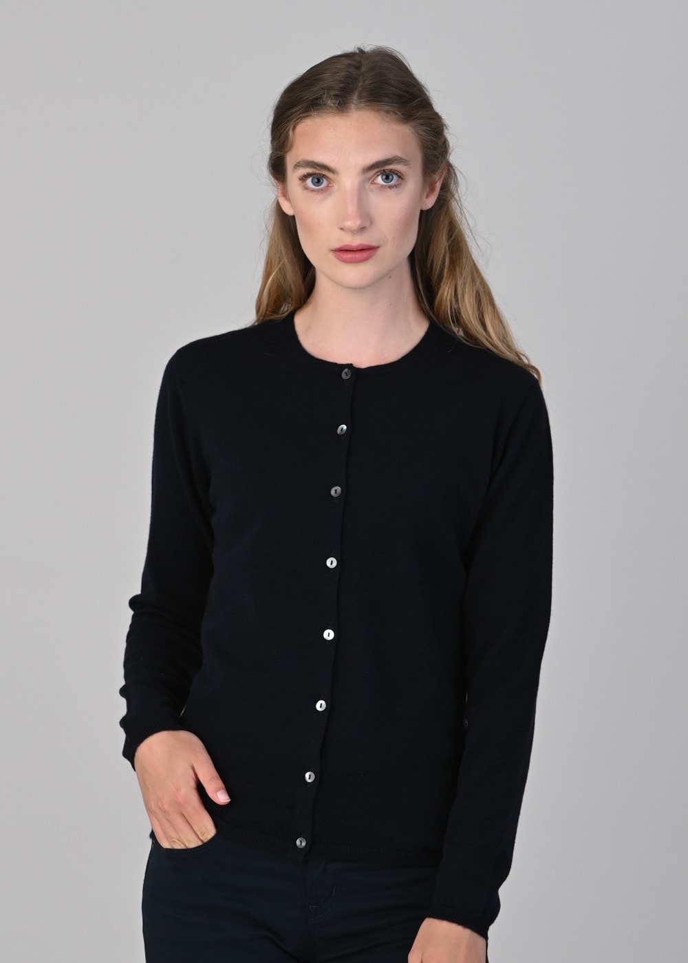 Millie Cashmere High Button Cardigan - Navy - 1