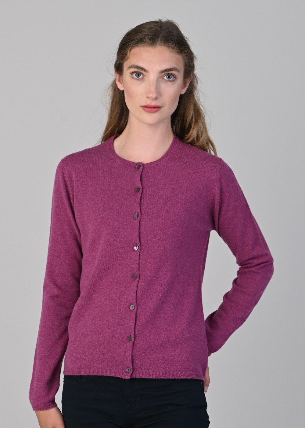 Millie Cashmere High Button Cardigan - Loganberry - 1