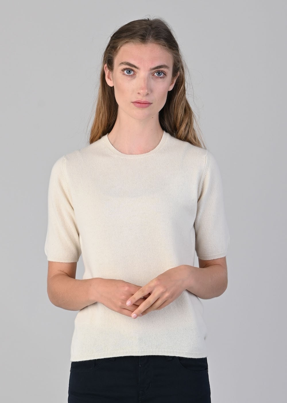 Millie Cashmere Short Sleeve Crew - White Undyed - 1