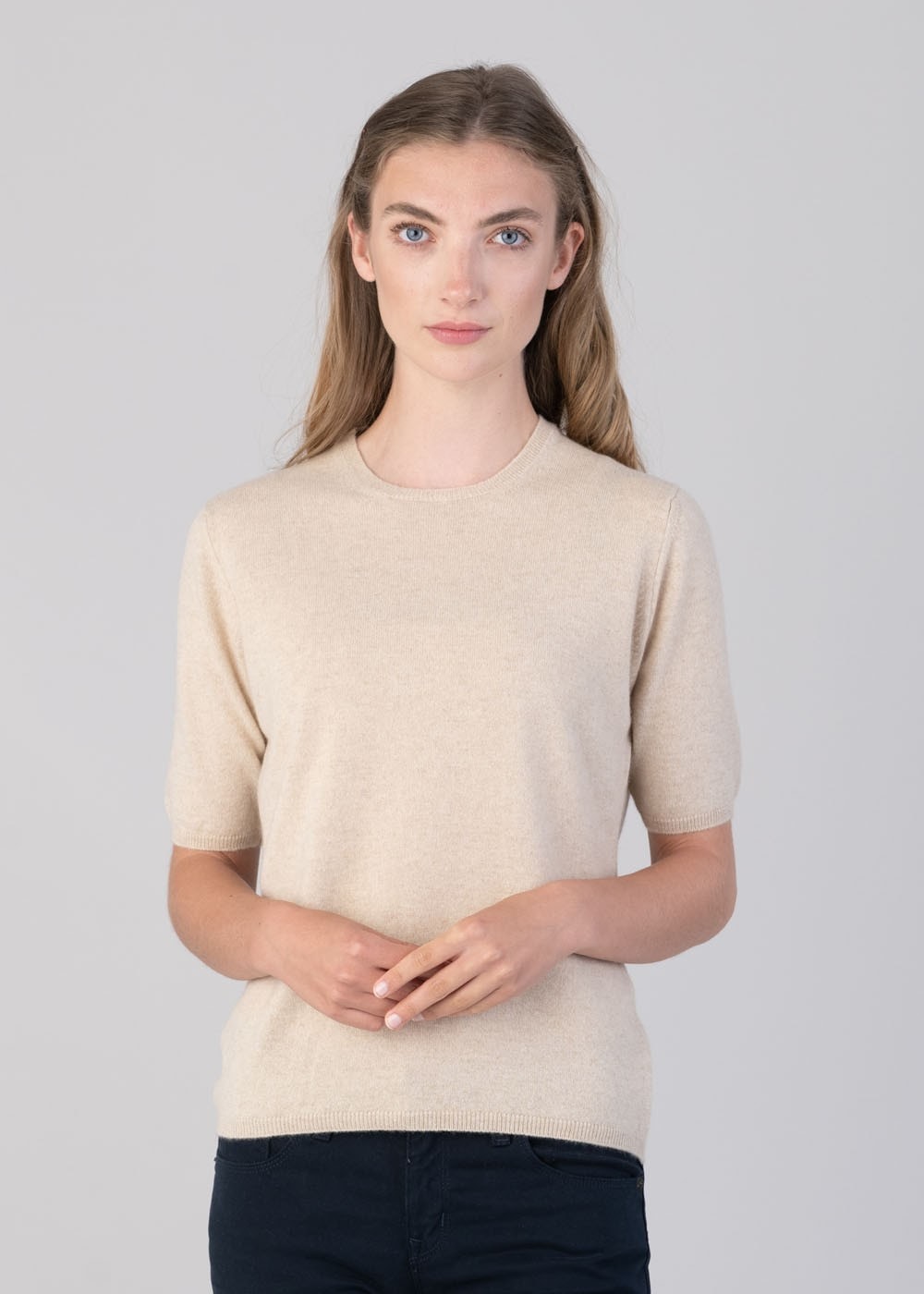 Millie Cashmere Short Sleeve Crew - Oatmeal - 1