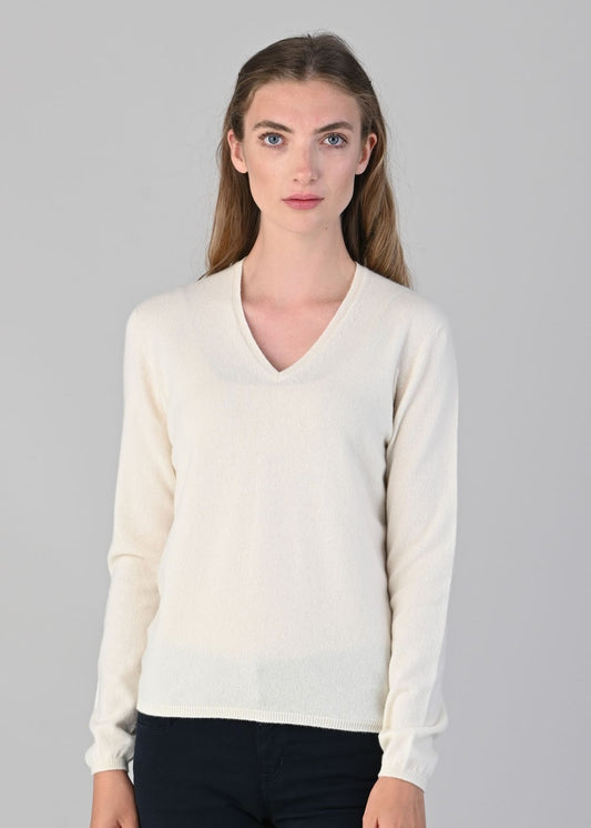 Millie Cashmere Vee Neck - White Undyed - 1