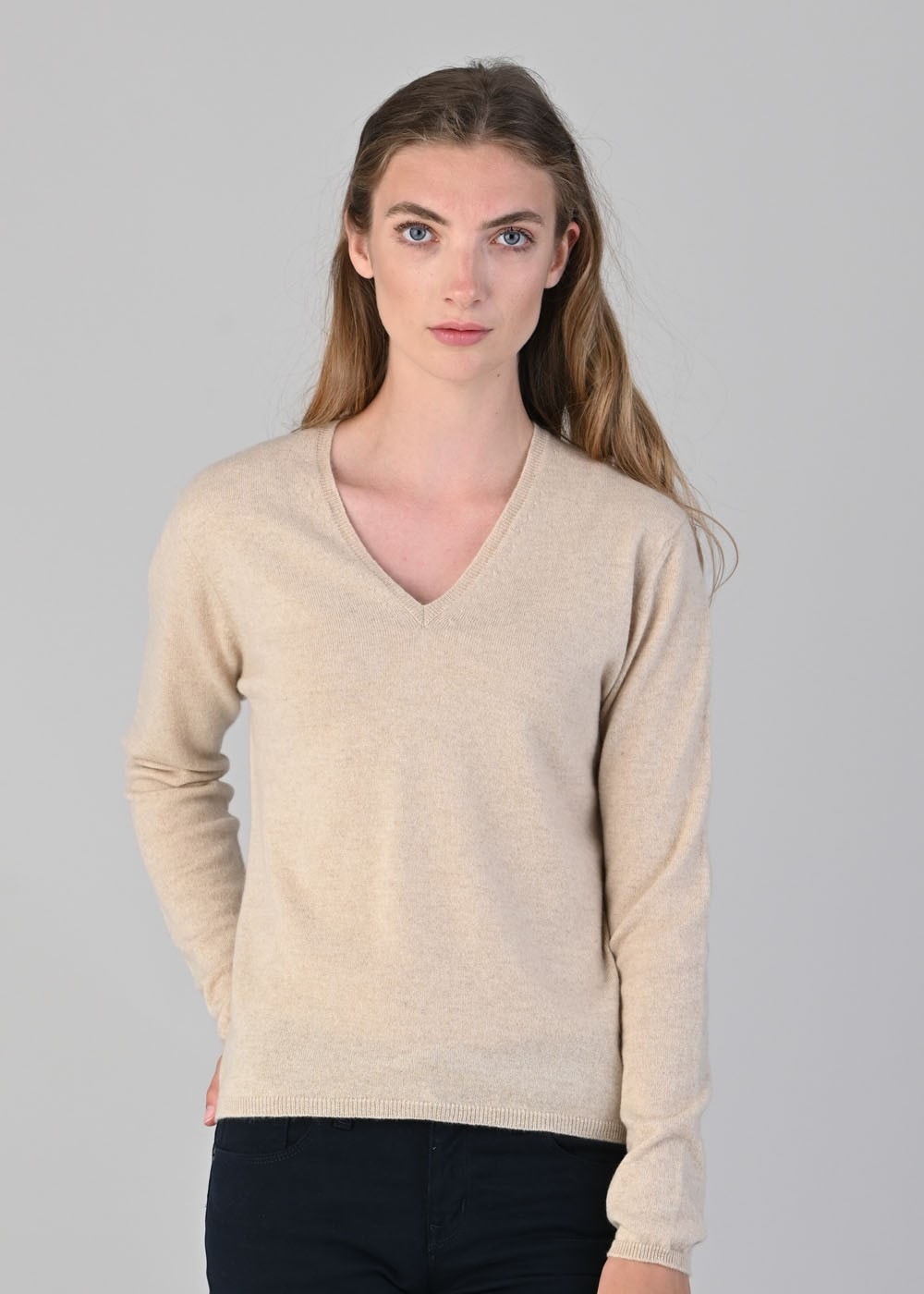 Millie Cashmere Vee Neck - Oatmeal - 1