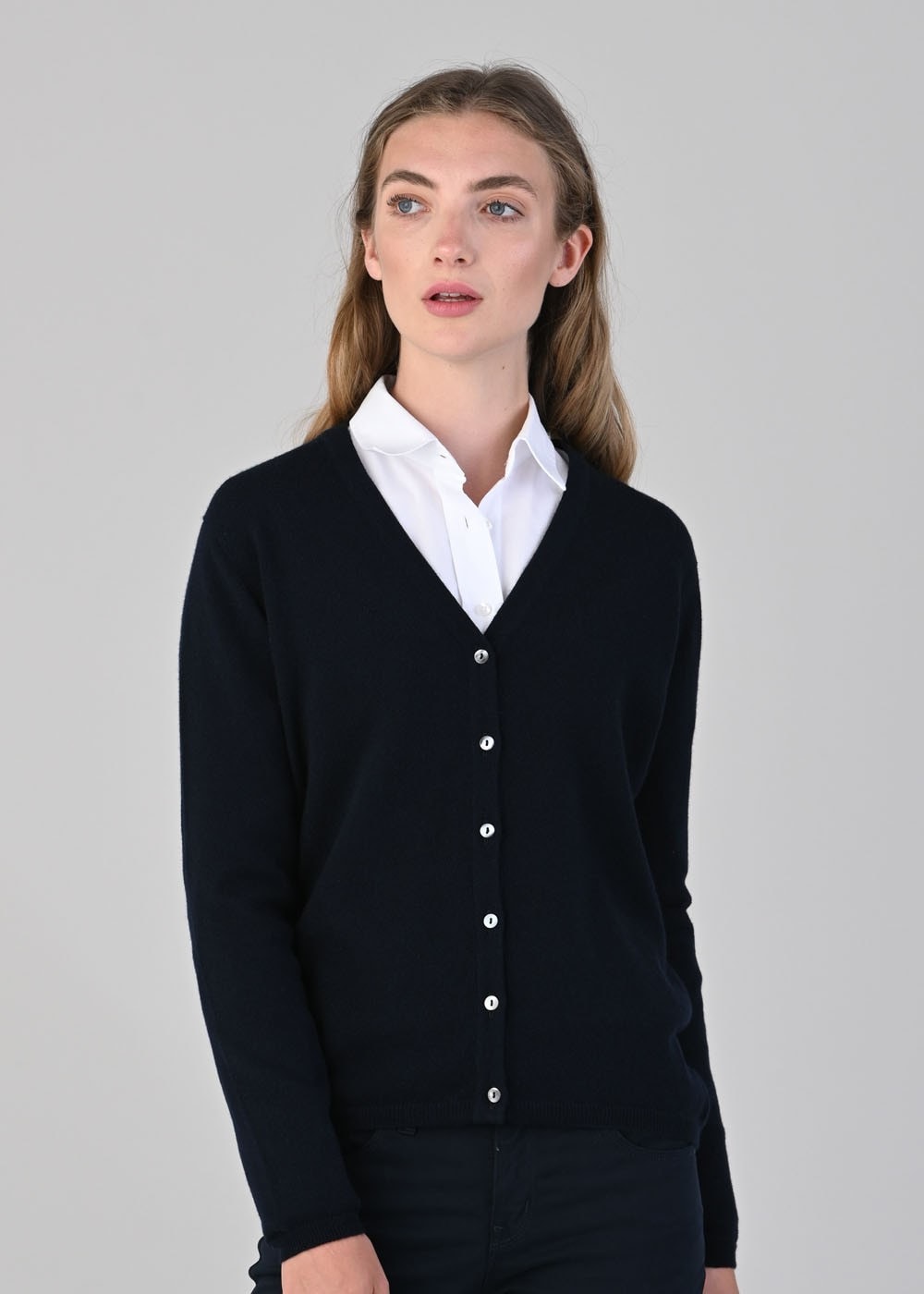 Millie Cashmere Vee Cardigan - Navy - 1