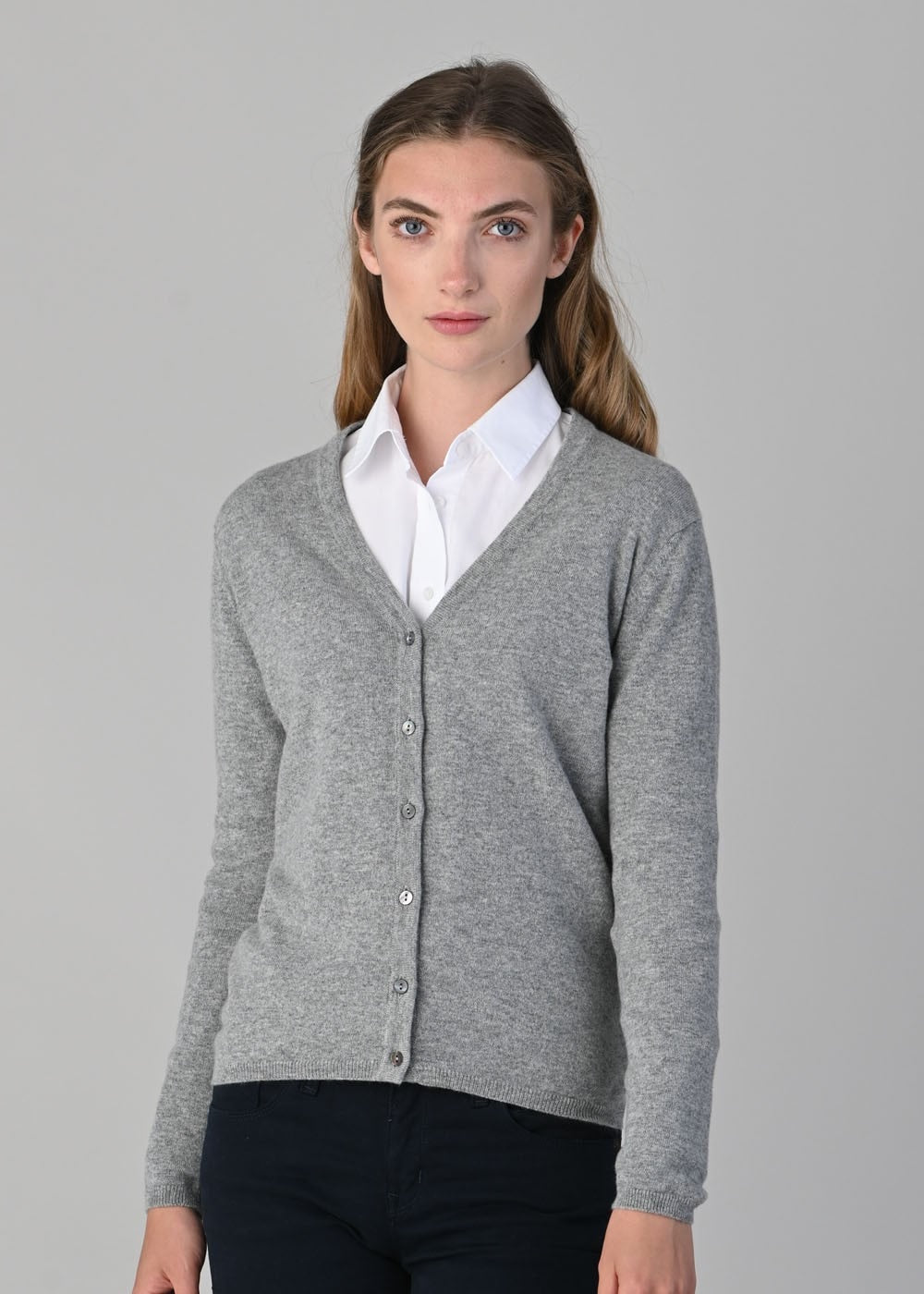 Millie Cashmere Vee Cardigan - Flannel - 1