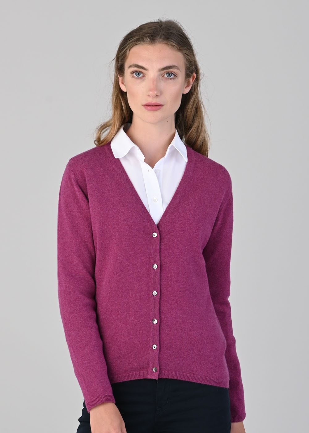 Millie Cashmere Vee Cardigan - Loganberry - 1