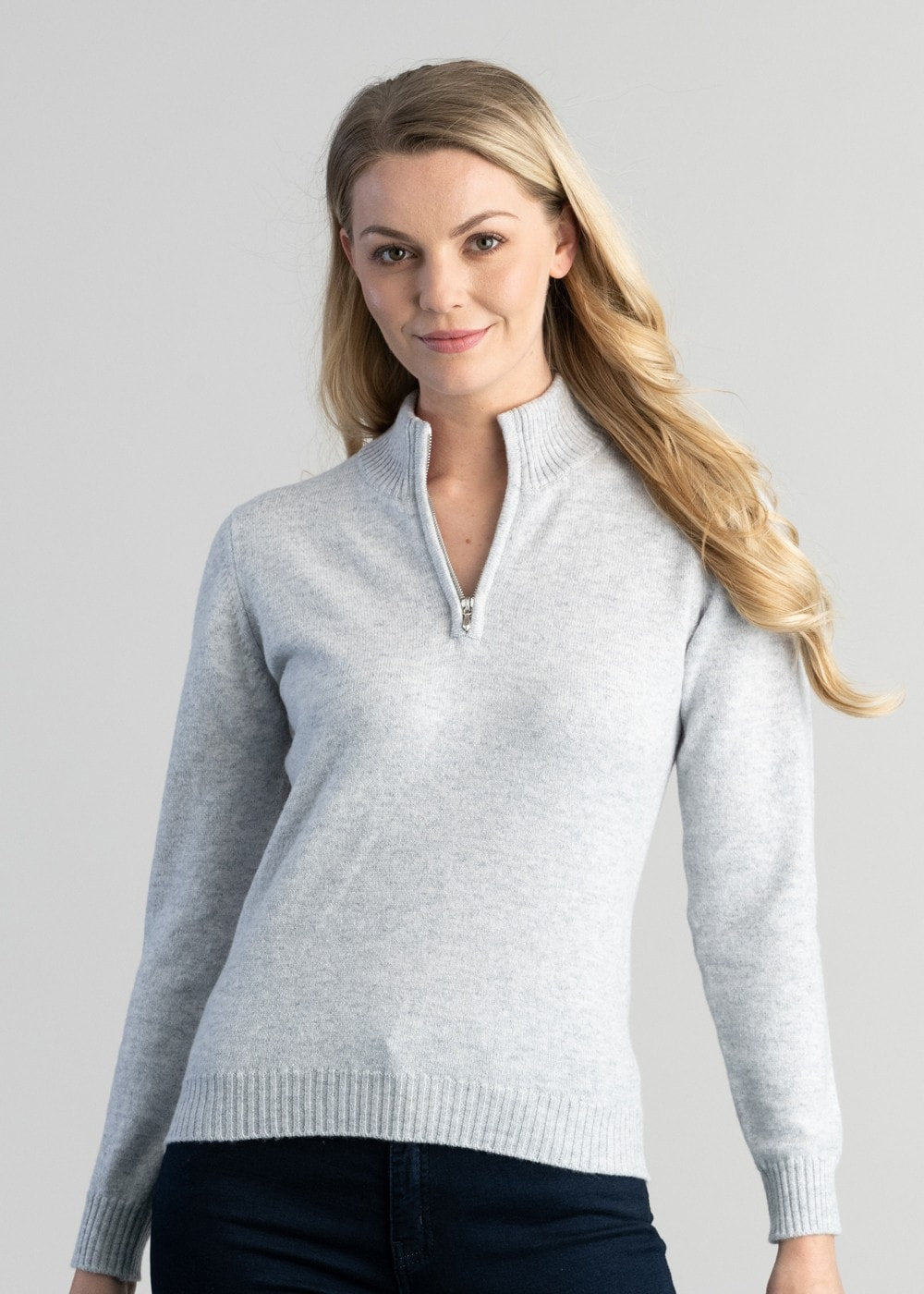 Lindsey Lambswool Zip Neck - Feather Grey with Pink - 2