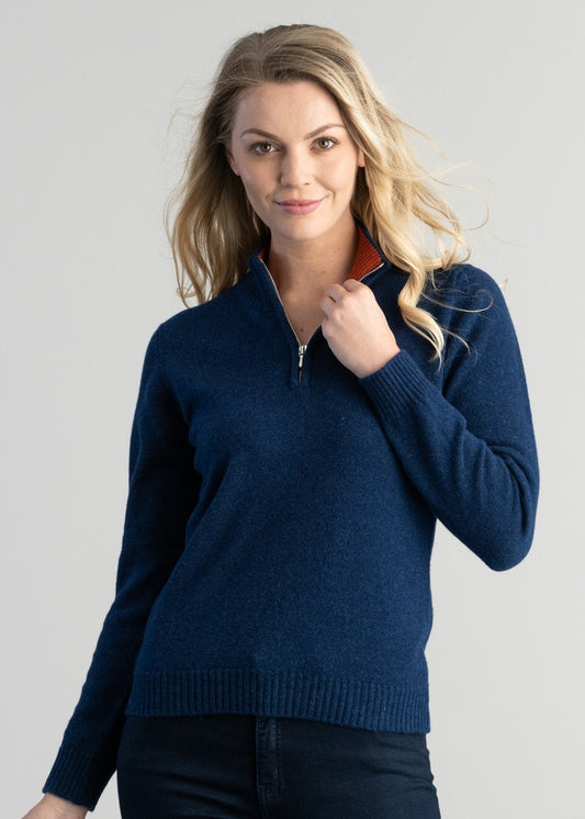 Lindsey Lambswool Zip Neck - Regatta with Ember - 1