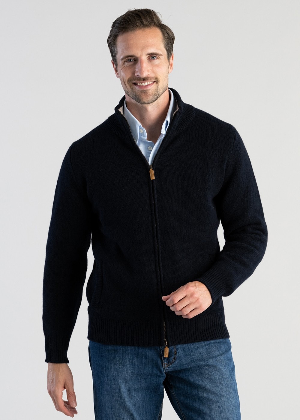 Lambswool 4 Ply Plain Jacket - Navy with Cobble - 1