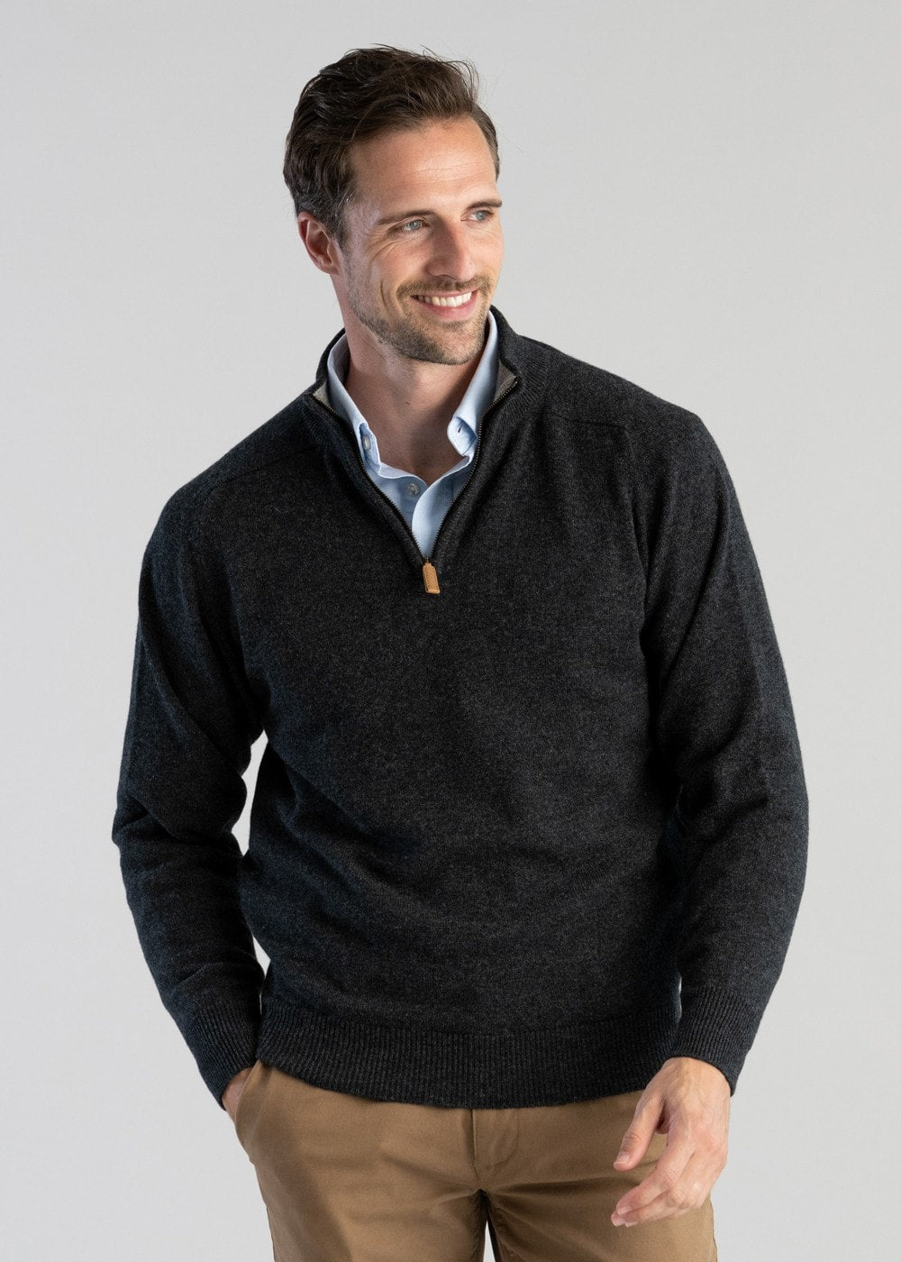 Lambswool 2 Ply Zip Neck - Charcoal with Flannel - 1