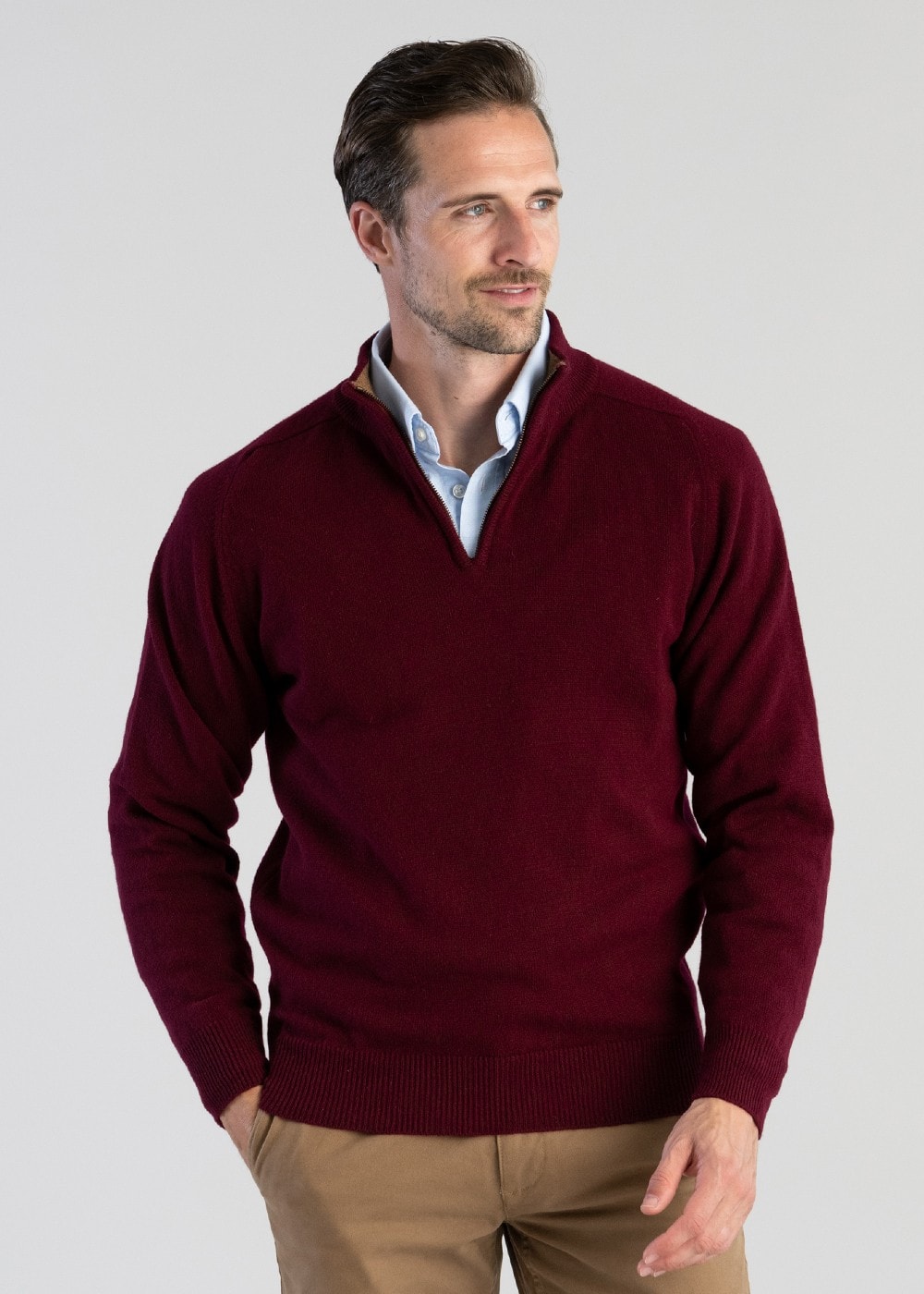 Lambswool 2 Ply Zip Neck - Bordeaux with Driftwood - 1