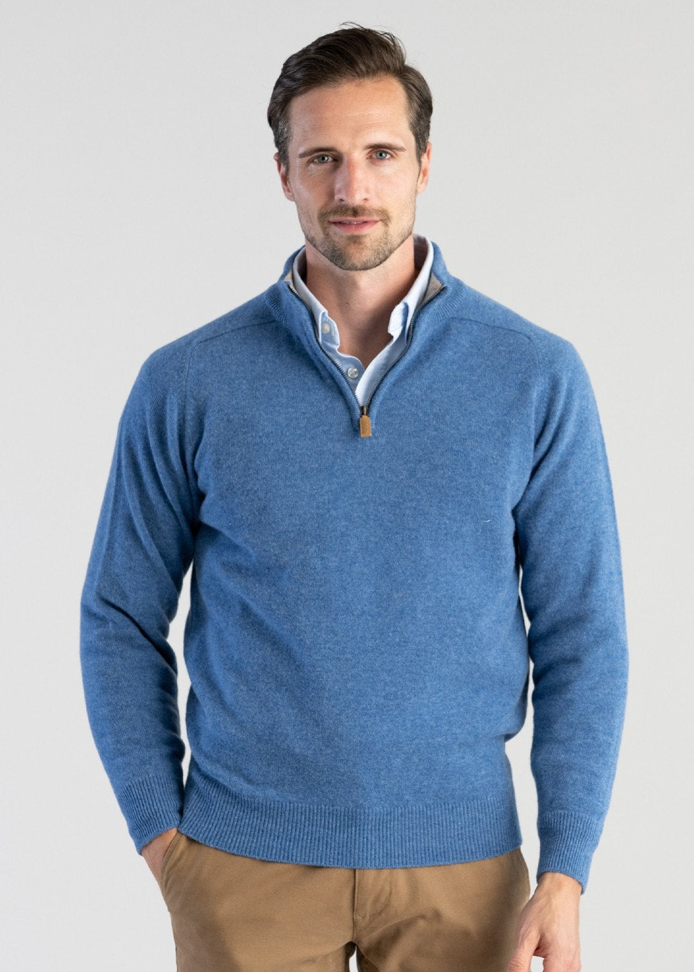 Lambswool 2 Ply Zip Neck - Jeans with Cobble - 1