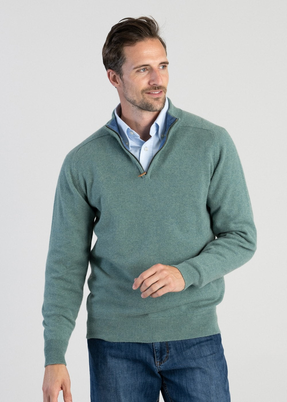 Cashmere 2 Ply Zip Neck Sweater - Green Lovat with Lapis - 1