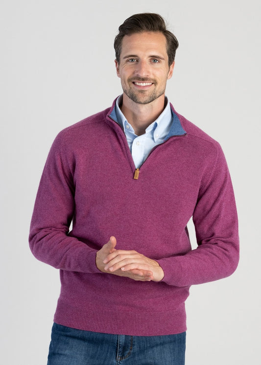 Cashmere 2 Ply Zip Neck Sweater - Loganberry with Lapis - 1