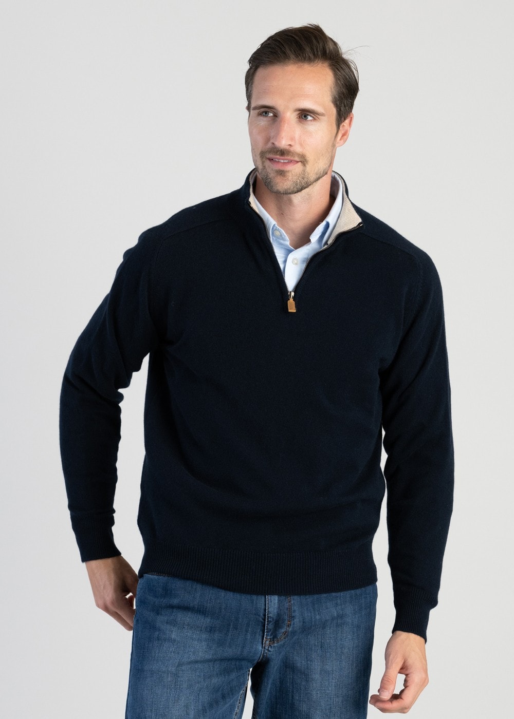 Cashmere 2 Ply Zip Neck Sweater - Navy with Linen - 1