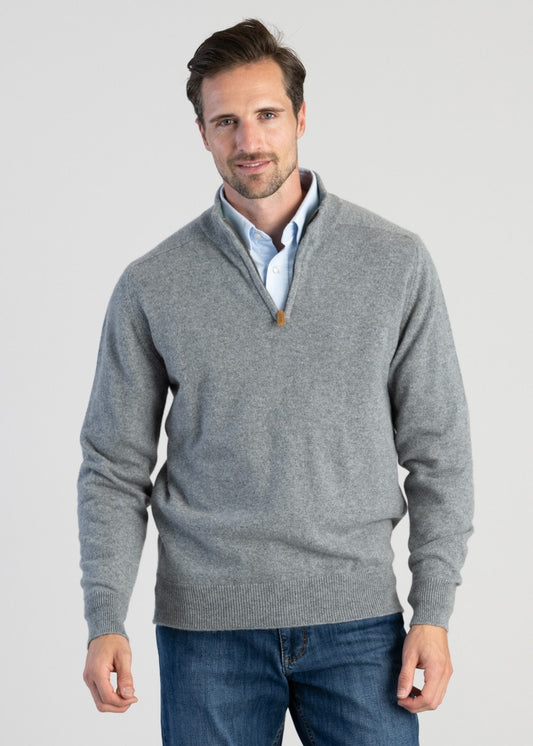 Cashmere 2 Ply Zip Neck Sweater - Flannel with Lovat - 1