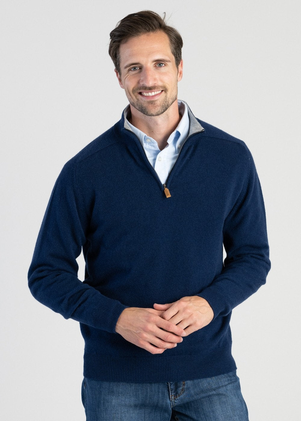 Cashmere 2 Ply Zip Neck Sweater - Inchiostro with Brume - 1