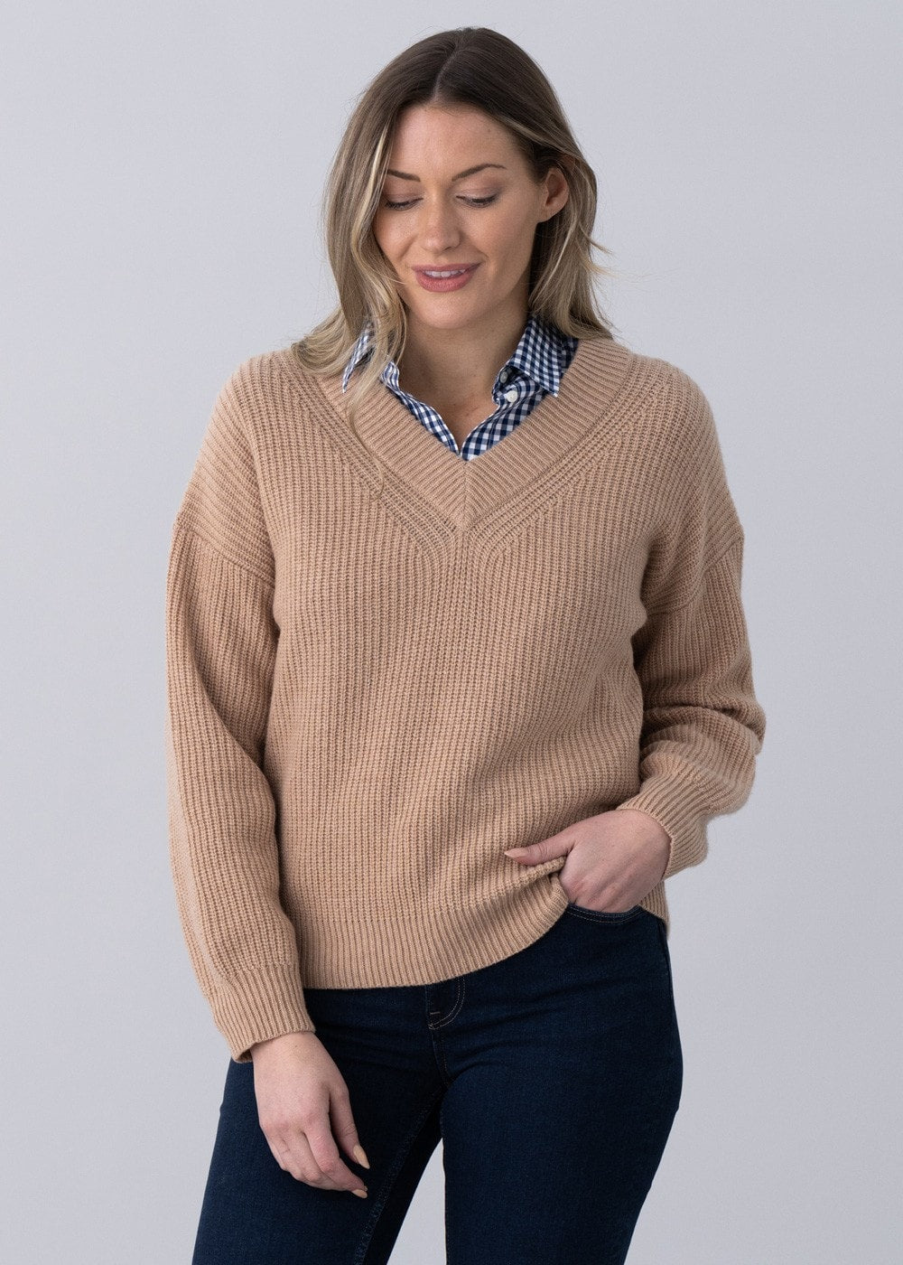 Wool Rib V-Neck Sweater - Khaki Mel - 1