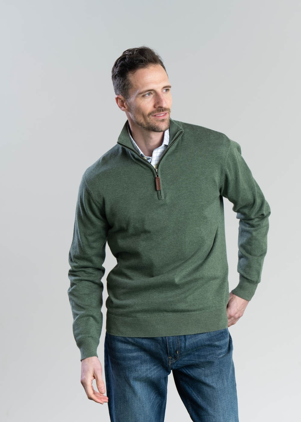 Porthmeor Pima Cotton Quarter Zip - Country Green - 5