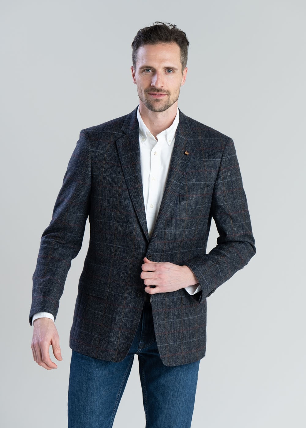 Midweight Tweed Jacket - Blue Herringbone with Blue, Rust and Red Check - 3