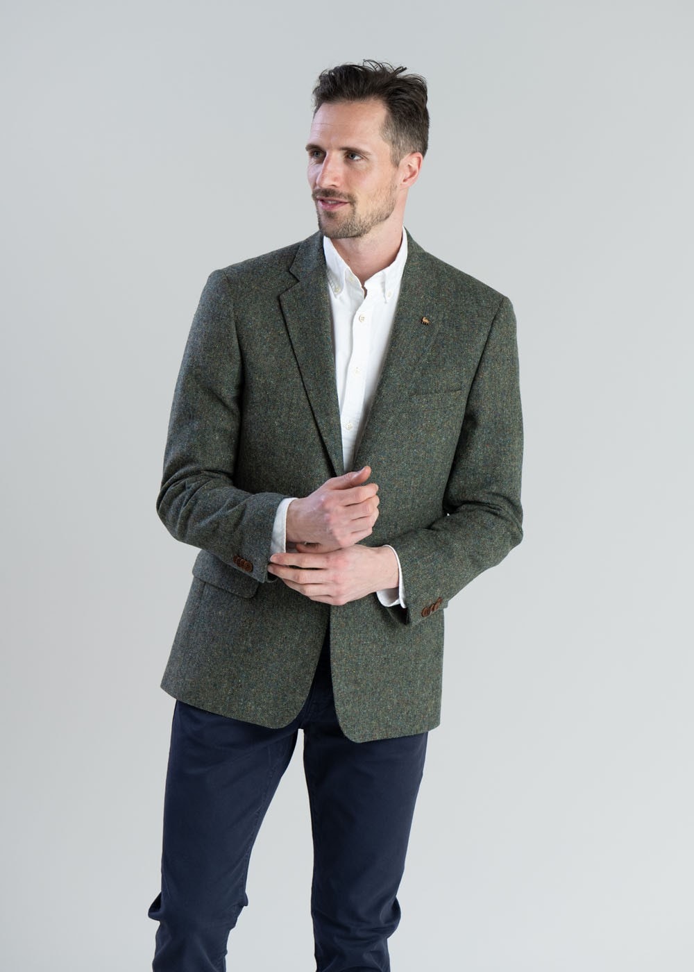 Donegal Tweed Jacket - Green Herringbone with Blue, Rust and Yellow Fleck - 2