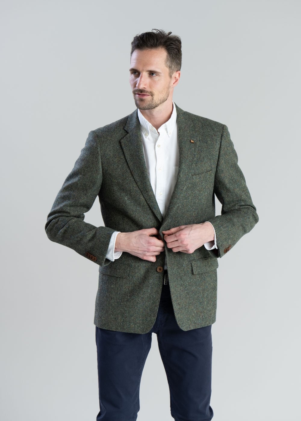 Donegal Tweed Jacket - Green Herringbone with Blue, Rust and Yellow Fleck - 3