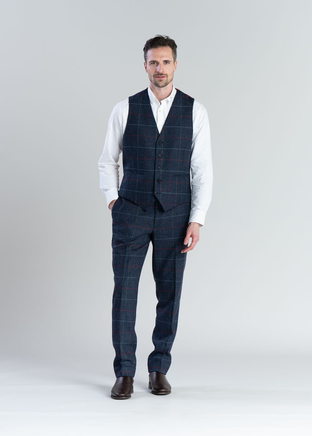 Haincliffe Waistcoat - Blue with Red and Caramel Check - 4