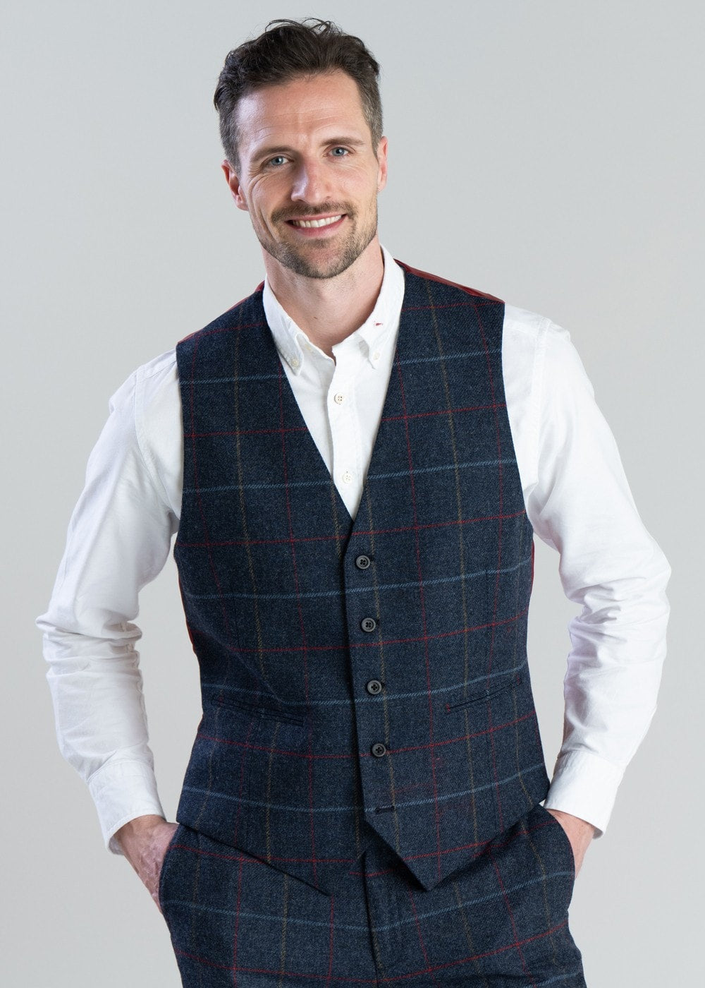 Haincliffe Waistcoat - Blue with Red and Caramel Check - 1