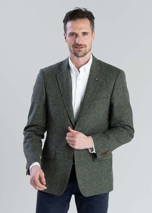 Donegal Tweed Jacket - Green Herringbone with Blue, Rust and Yellow Fleck - 1