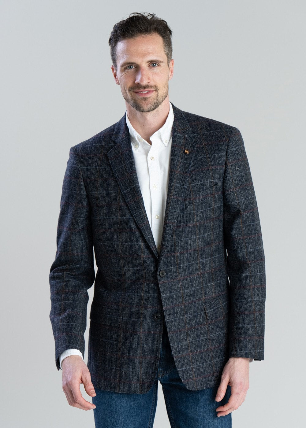 Midweight Tweed Jacket - Blue Herringbone with Blue, Rust and Red Check - 1