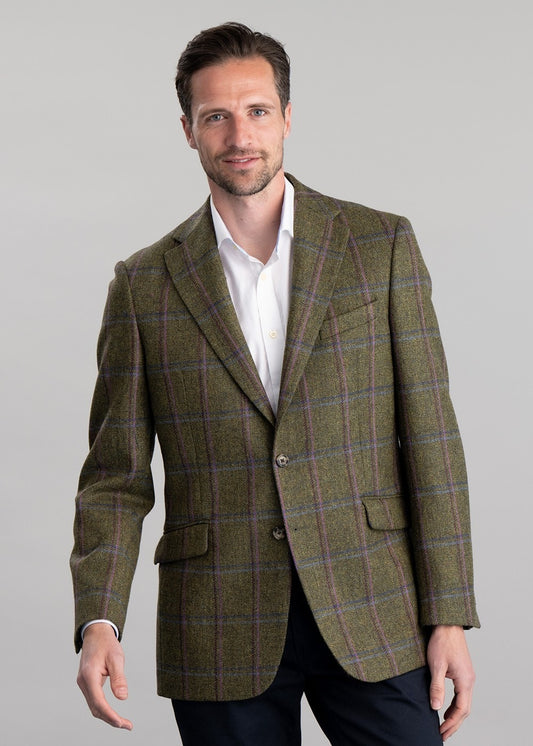 Alnmouth Tweed Jacket - Moss Green with Navy and Burgundy Check - 1